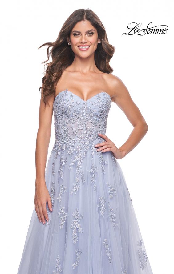 Picture of: Lace Up A-Line Dress with Ruched Bodice and Sweetheart Top in Light Periwinkle, Style: 32084, Detail Picture 5