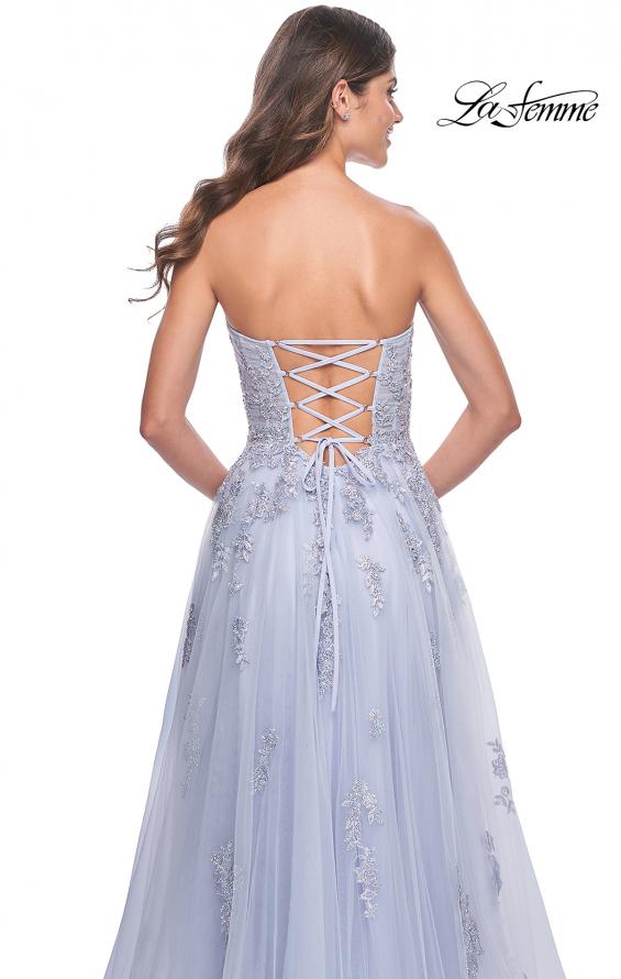 Picture of: Lace Up A-Line Dress with Ruched Bodice and Sweetheart Top in Light Periwinkle, Style: 32084, Detail Picture 6