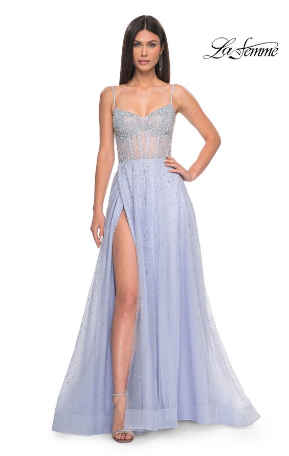 Picture of: Rhinestone A-Line Tulle Prom Dress with Illusion Bodice in Light Periwinkle, Style: 32146, Detail Picture 7