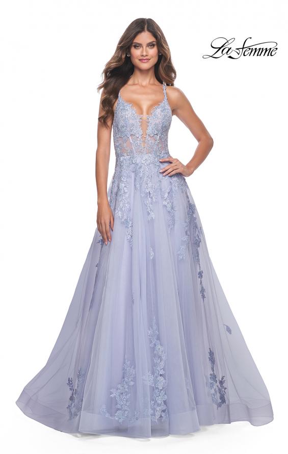 Picture of: Beautiful Lace Embellished A-Line Tulle Prom Dress with Deep V in Light Periwinkle, Style: 32062, Detail Picture 13
