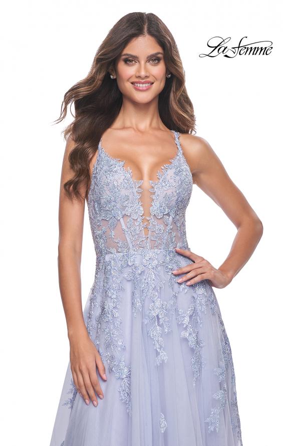 Picture of: Beautiful Lace Embellished A-Line Tulle Prom Dress with Deep V in Light Periwinkle, Style: 32062, Detail Picture 15
