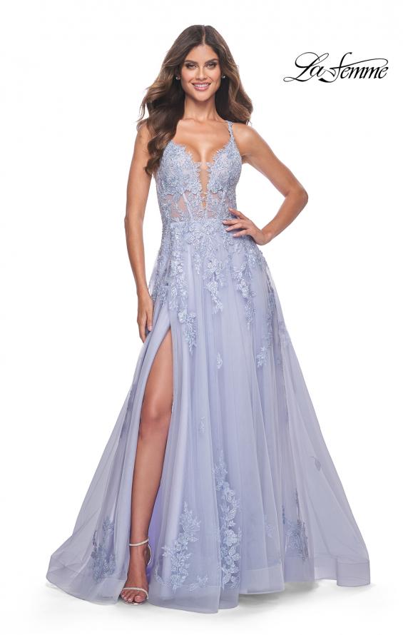 Picture of: Beautiful Lace Embellished A-Line Tulle Prom Dress with Deep V in Light Periwinkle, Style: 32062, Detail Picture 6