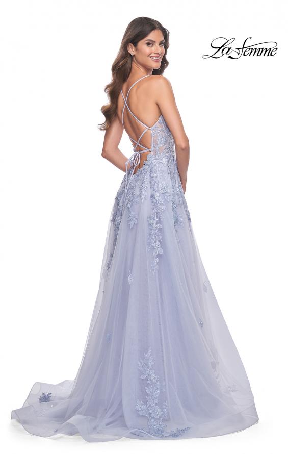 Picture of: Beautiful Lace Embellished A-Line Tulle Prom Dress with Deep V in Light Periwinkle, Style: 32062, Detail Picture 7