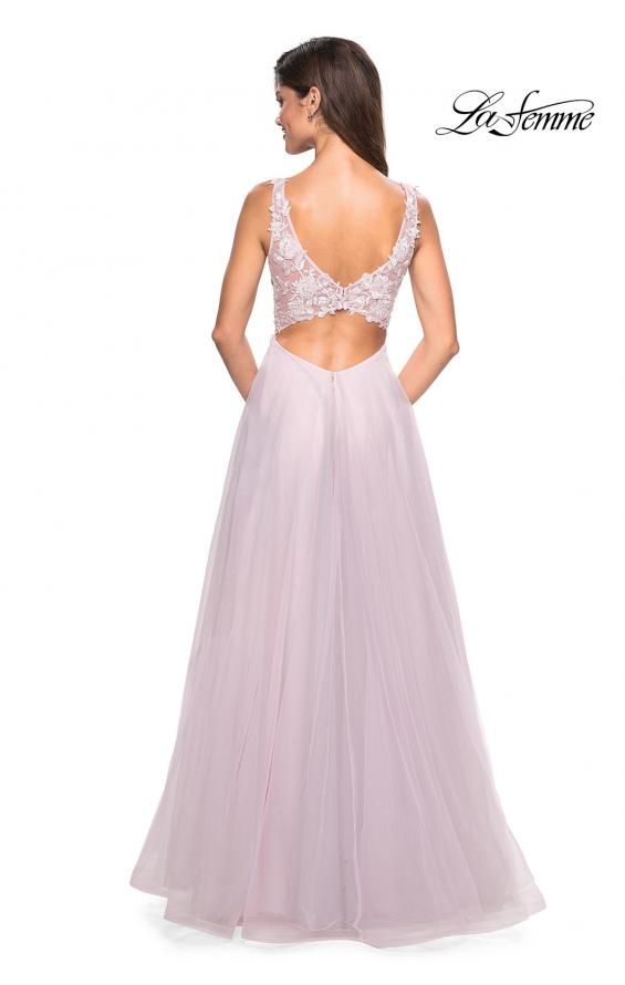 Picture of: Floor Length Tulle Gown with Plunging Lace Bodice in Light Pink, Style: 27621, Back Picture