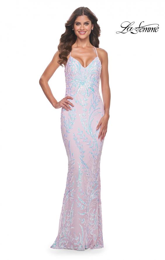 Picture of: Fitted Print Sequin Pastel Prom Dress in Light Pink, Style: 31944, Detail Picture 1