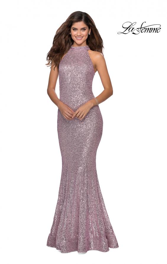 Picture of: Long Sequin Gown with High Neckline and Lace Back in Light Pink, Style: 28612, Detail Picture 2