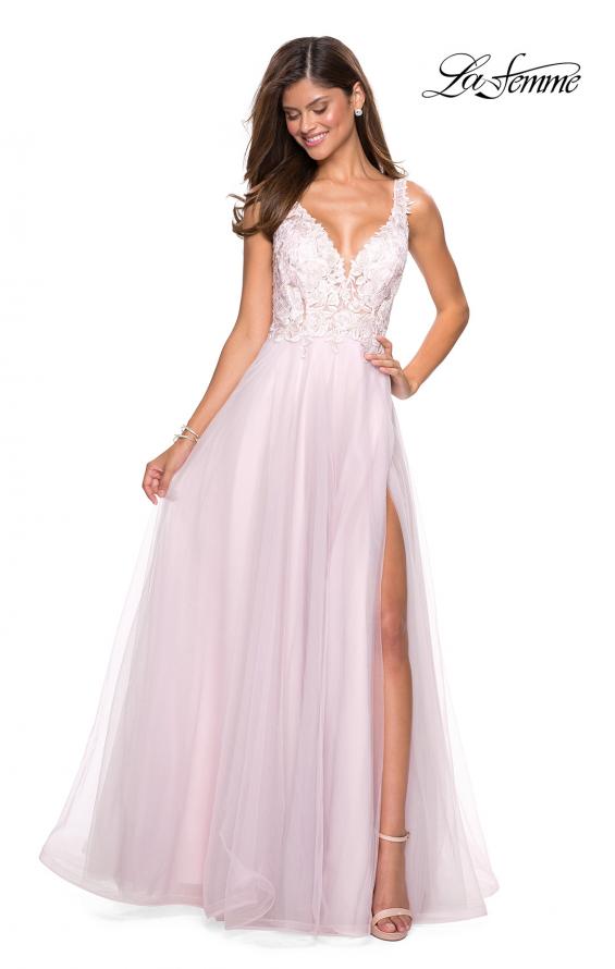 Picture of: Floor Length Tulle Gown with Plunging Lace Bodice in Light Pink, Style: 27621, Detail Picture 4