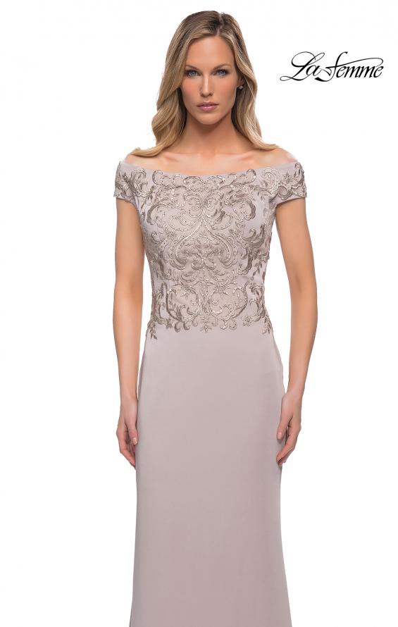 Picture of: Chic Satin Gown with Lace Off the Shoulder Top in Light Taupe, Detail Picture 1