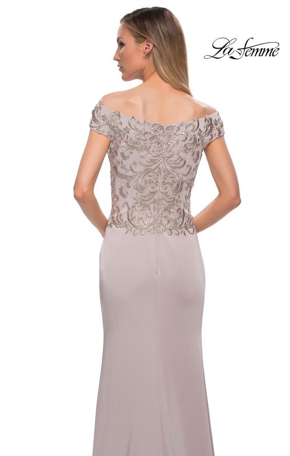 Picture of: Chic Satin Gown with Lace Off the Shoulder Top in Light Taupe, Detail Picture 2