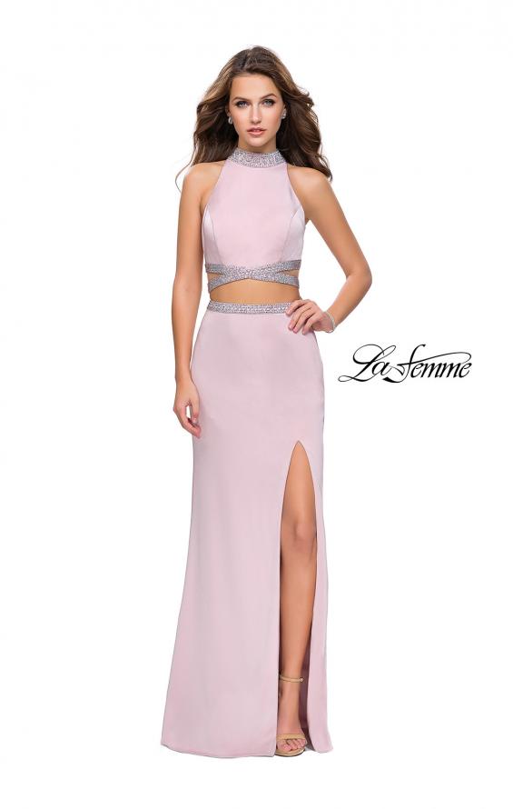 Picture of: Two Piece Prom Gown with Beaded Choker and Leg Slit in Light Blush, Style: 25746, Detail Picture 2