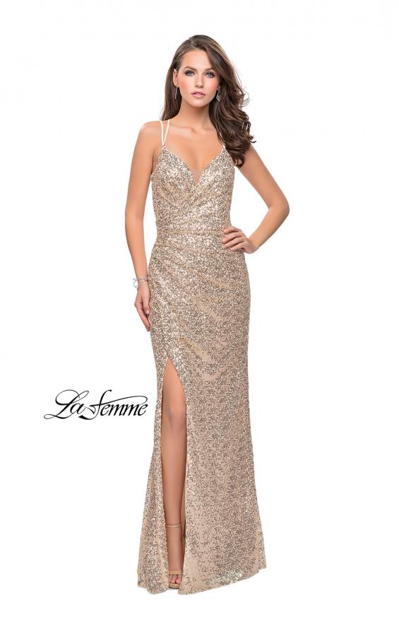 Picture of: Long Sequin Prom Dress with Side Ruching in Light Gold, Style: 25492, Detail Picture 2