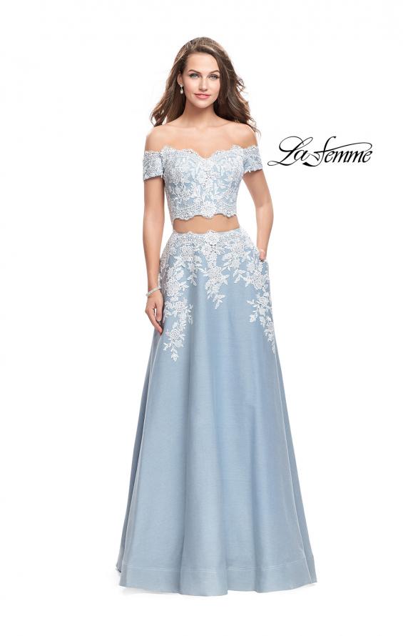 Picture of: Denim Off the Shoulder Two Piece Dress with Applique in Light Wash, Style: 25655, Main Picture