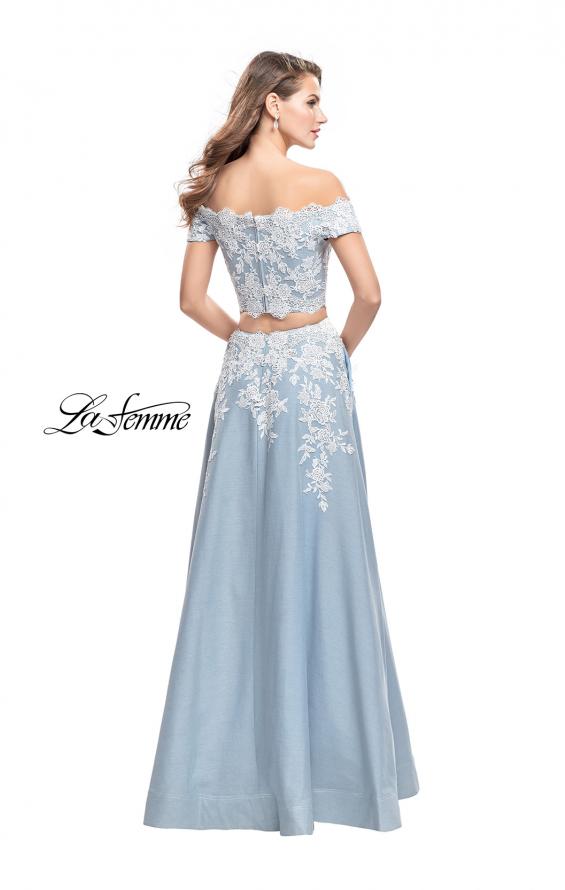 Picture of: Denim Off the Shoulder Two Piece Dress with Applique in Light Wash, Style: 25655, Back Picture