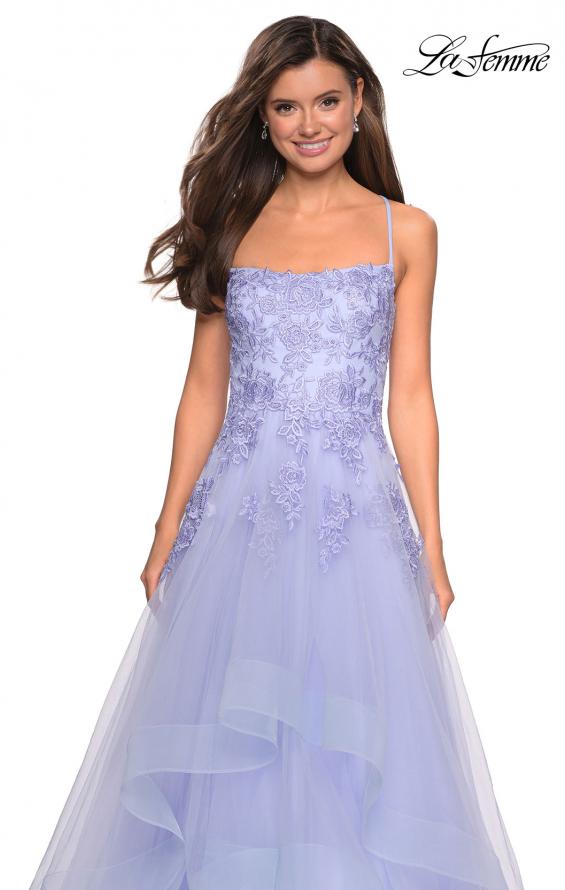 Picture of: Layered Tulle Dress with Lace Detail and Strappy Back in Lilac Mist, Style: 27694, Detail Picture 4
