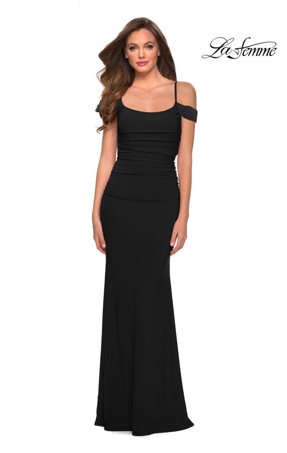 Picture of: Jersey Long Dress with Ruching and Open Back in Black, Style 29358, Detail Picture 1
