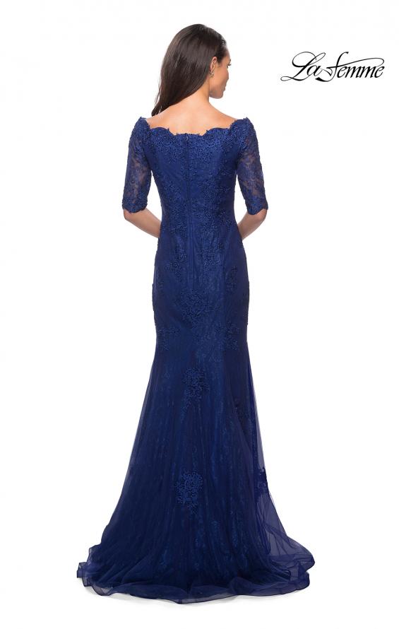Picture of: Floor Length Lace Dress with Rhinestone Accents in Marine Blue, Style: 26943, Back Picture
