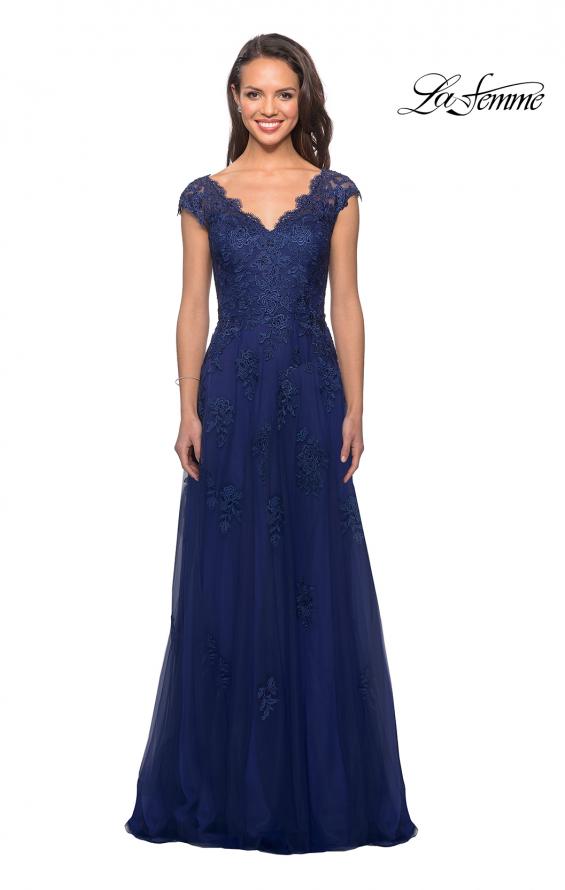 Picture of: Short Sleeve Lace Gown with Cascading Embellishments in Marine Blue, Style: 26942, Detail Picture 1