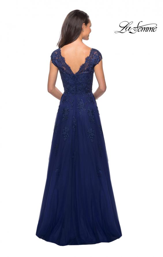 Picture of: Short Sleeve Lace Gown with Cascading Embellishments in Marine Blue, Style: 26942, Detail Picture 2