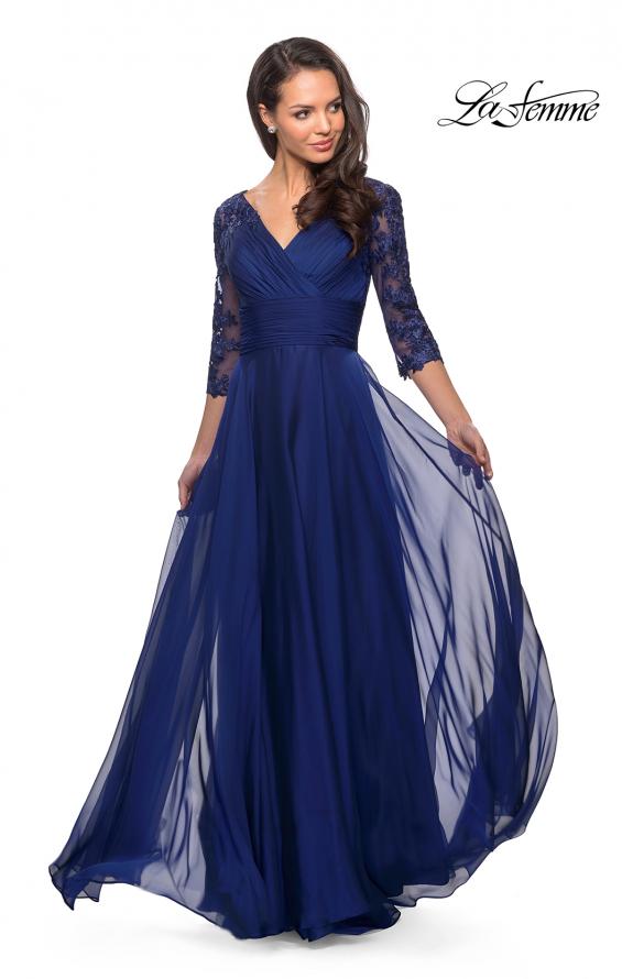 Picture of: Floor Length Chiffon Dress with Lace Sleeves in Marine Blue, Style: 27153, Detail Picture 4