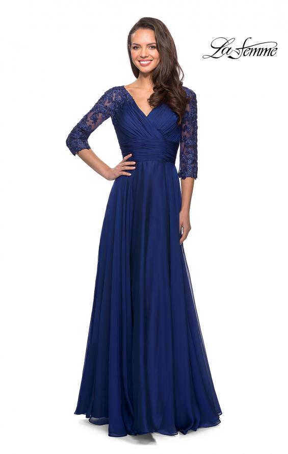 Picture of: Floor Length Chiffon Dress with Lace Sleeves in Marine Blue, Style: 27153, Detail Picture 6