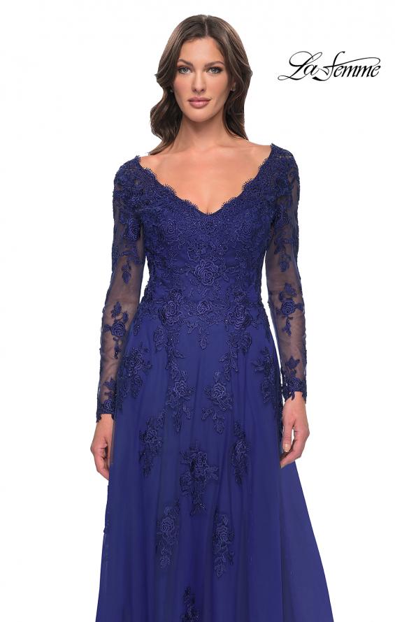 Picture of: Long Sleeve Lace and Tulle Dress with V Neckline in Marine Blue, Style: 30795, Detail Picture 7