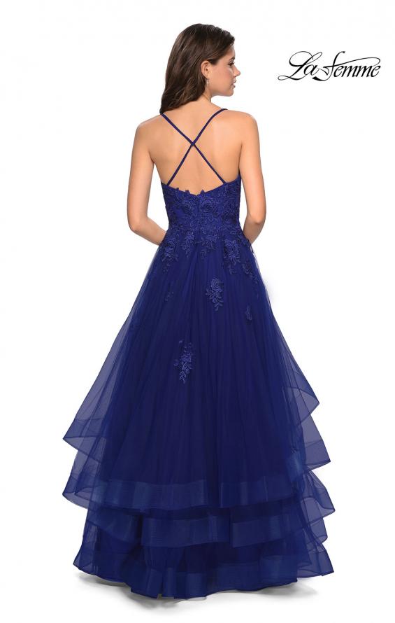 Picture of: Layered Tulle Dress with Lace Detail and Strappy Back in Marine Blue, Style: 27694, Back Picture