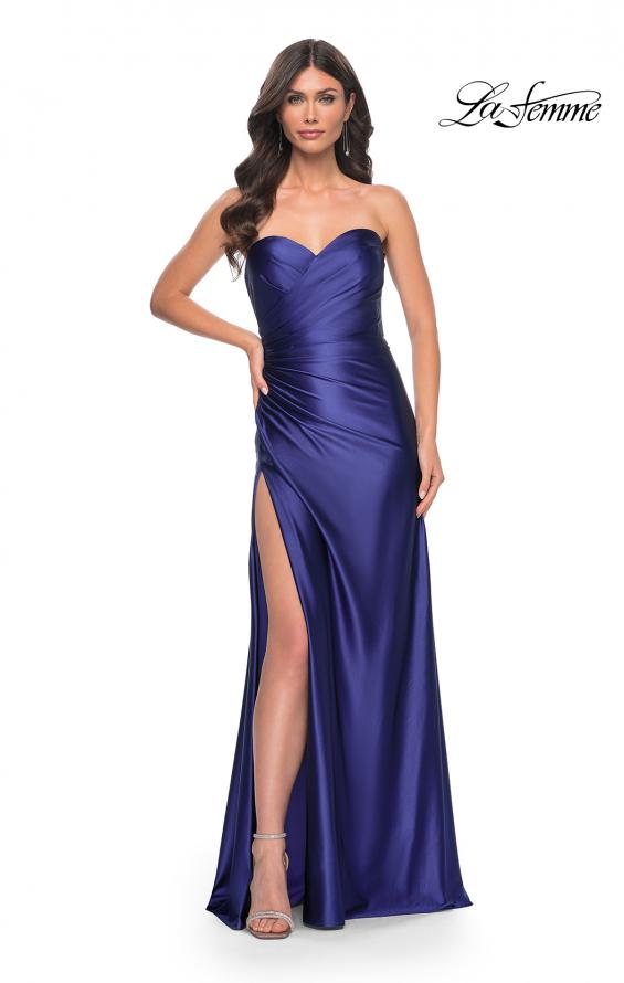 Picture of: Stretch Satin Gown with Sweetheart Top and Illusion Back in Blue, Style: 32159, Detail Picture 1