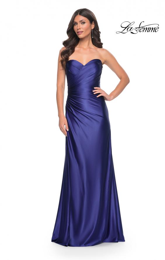 Picture of: Stretch Satin Gown with Sweetheart Top and Illusion Back in Blue, Style: 32159, Detail Picture 5