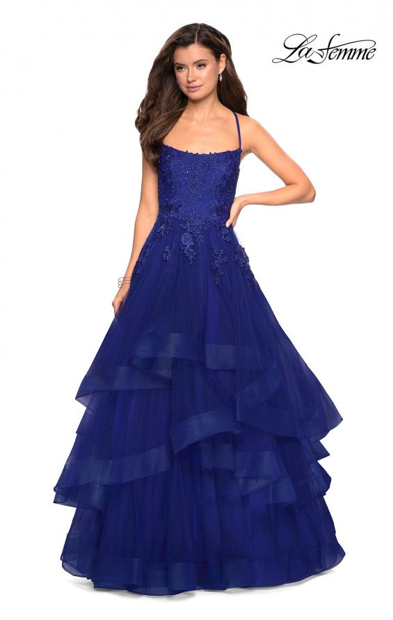 Picture of: Layered Tulle Dress with Lace Detail and Strappy Back in Marine Blue, Style: 27694, Detail Picture 6