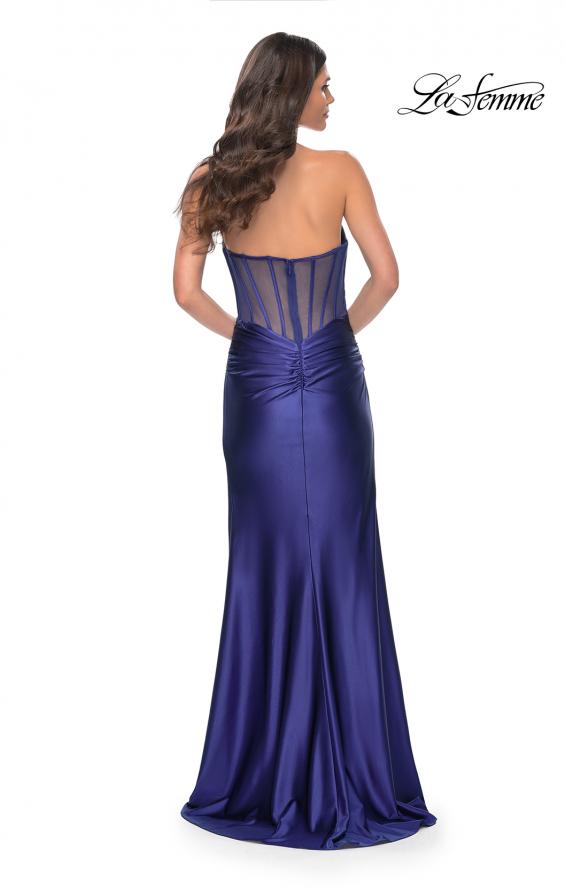 Picture of: Stretch Satin Gown with Sweetheart Top and Illusion Back in Blue, Style: 32159, Detail Picture 6