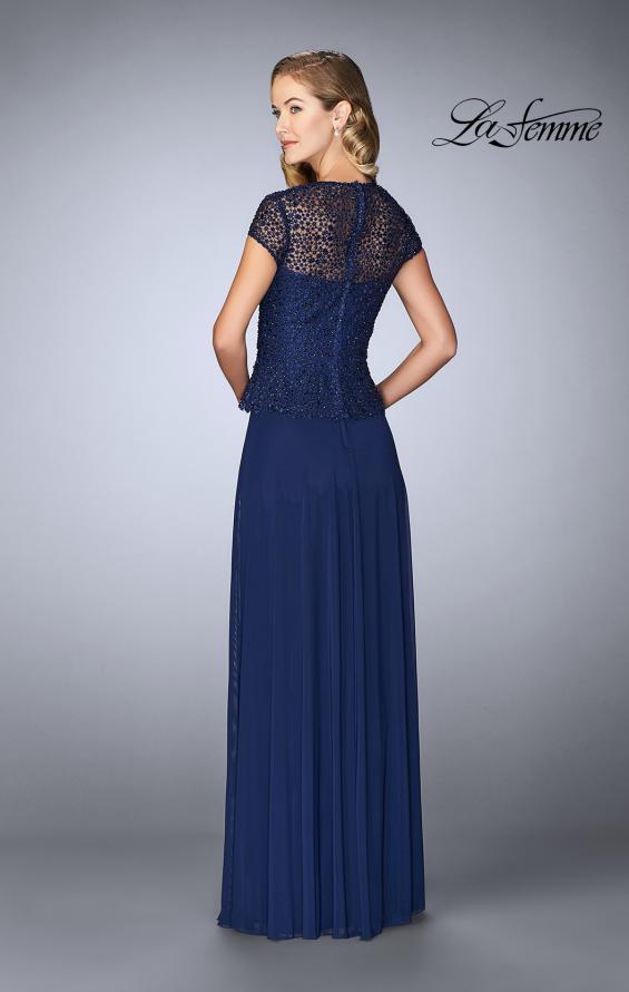 Picture of: Beaded Lace Evening Dress with Cap Sleeves and Peplum in Marine Blue, Style: 24915, Back Picture