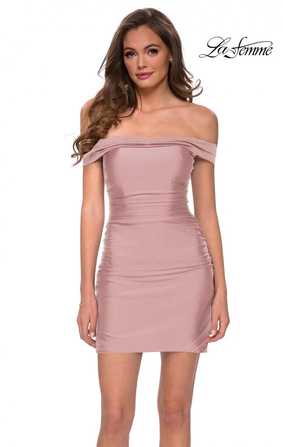 Picture of: Short Off The Shoulder Dress with Lace Up Back in Mauve, Style: 29268, Detail Picture 1