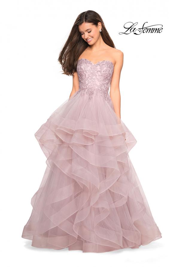 Picture of: Strapless Tulle Prom Gown with Lace Embellishments in Mauve, Style: 27620, Detail Picture 1