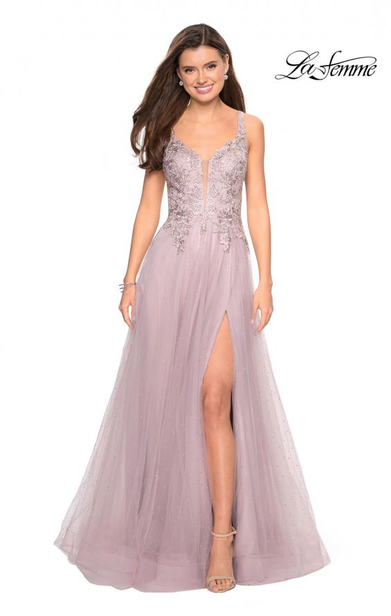 Picture of: Long Tulle Prom Dress with Embellished Bodice and Slit in Mauve, Style: 27646, Detail Picture 1