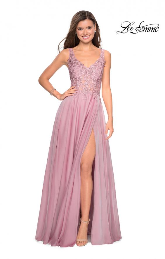 Picture of: Floor Length Chiffon Prom Dress with Sheer Floral Bodice in Mauve, Style: 27751, Detail Picture 1