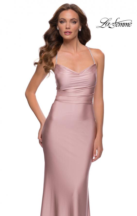 Picture of: Fitted Jersey Gown with Draped Neckline and Beaded Straps in Mauve, Style 29918, Detail Picture 1