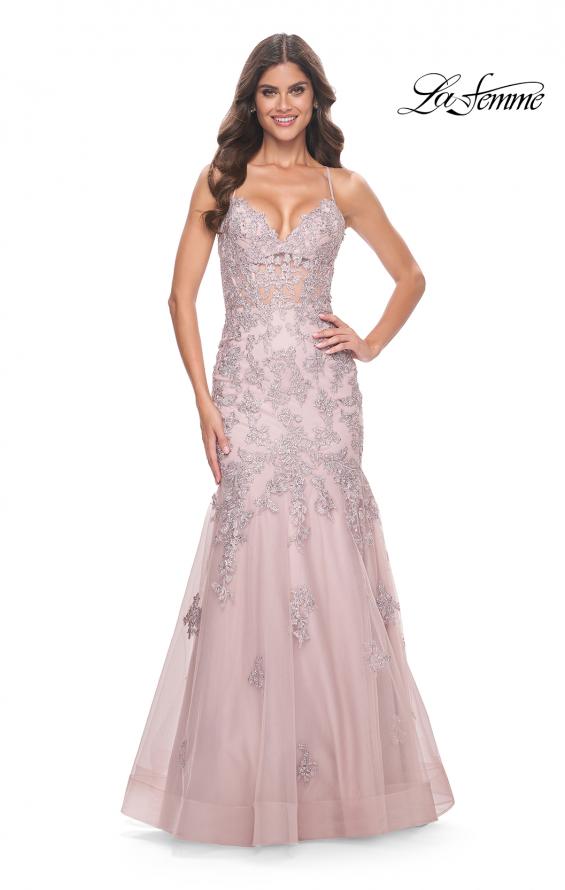 Picture of: Mermaid Lace Embellished Gown with Illusion Top in Mauve, Style: 32004, Detail Picture 1