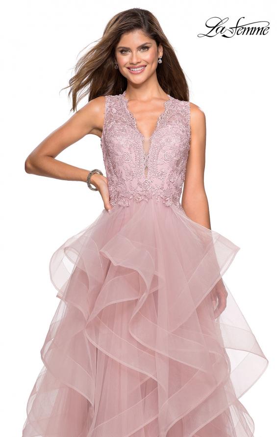 Picture of: Long Layered Tulle Dress with Lace Embellished Bodice in Mauve, Style: 27570, Detail Picture 2