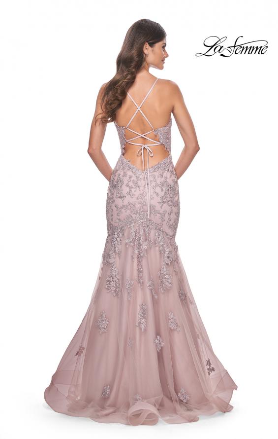 Picture of: Mermaid Lace Embellished Gown with Illusion Top in Mauve, Style: 32004, Detail Picture 2