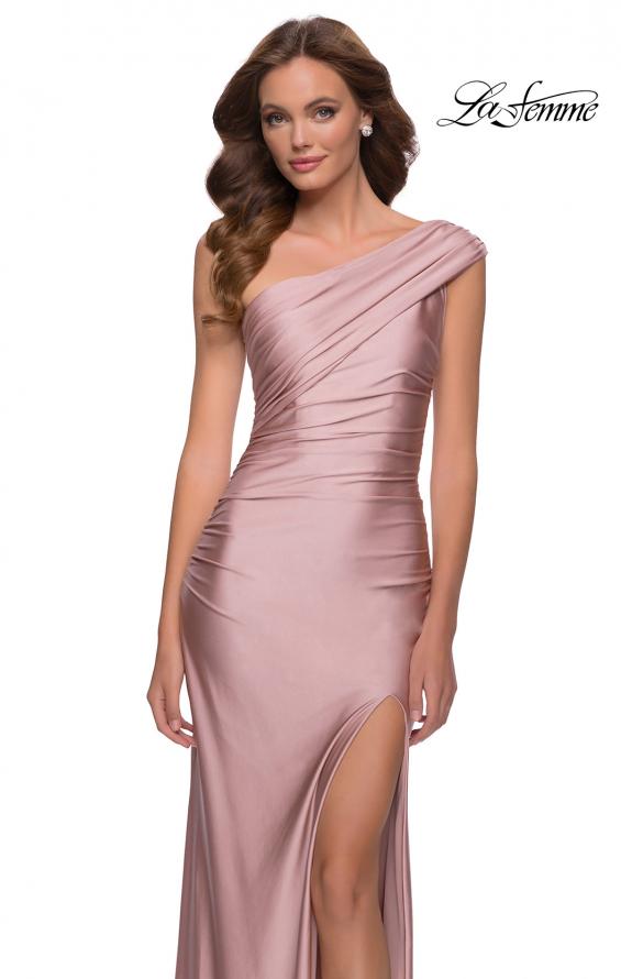 Picture of: One Shoulder Shiny Ruched Jersey Dress with Slit in Mauve, Style 29619, Detail Picture 6