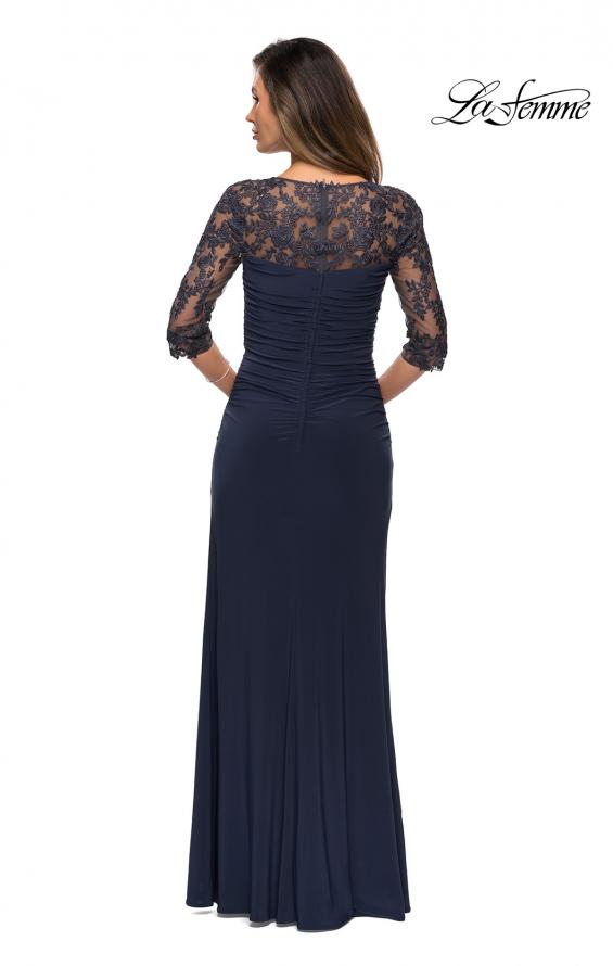 Picture of: Jersey Gown with Sheer Lace Sleeves and Ruching in Midnight Blue, Style: 28056, Detail Picture 2