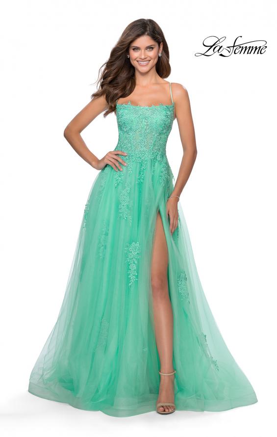 Picture of: A-line Tulle Gown with Floral Embroidery and Pockets in Mint, Style: 28470, Detail Picture 2