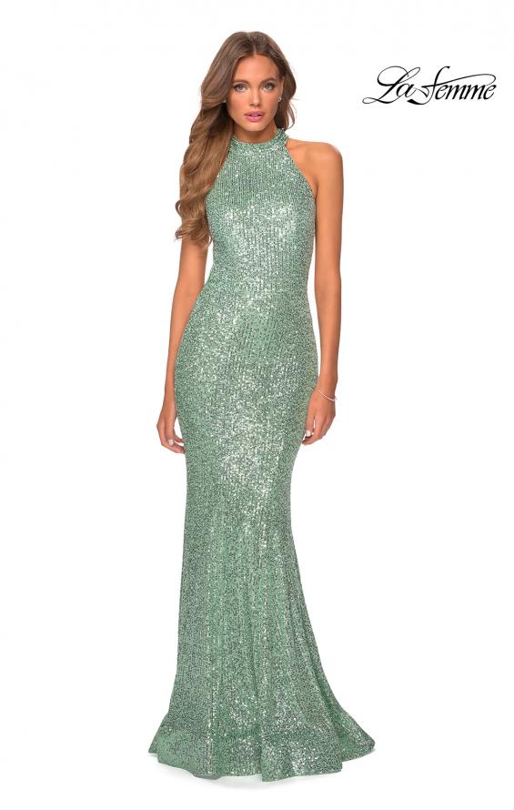 Picture of: Long Sequin Gown with High Neckline and Lace Back in Mint, Style: 28612, Detail Picture 4