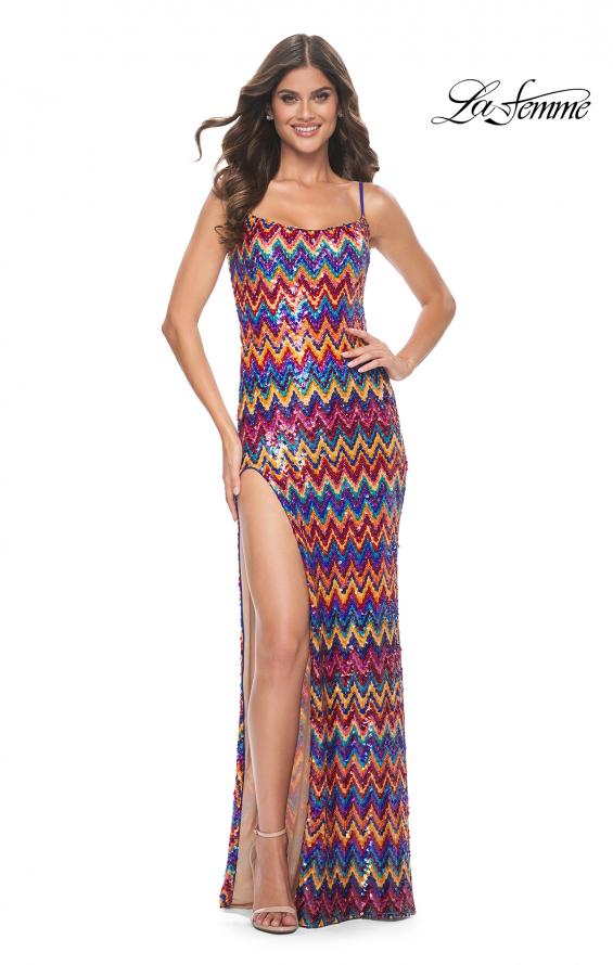 Picture of: Zig Zag Print Sequin Dress with High Slit in Multi, Style: 32006, Main Picture