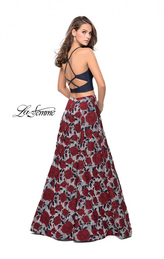 Picture of: Two Piece Denim A-line Dress with Floral Print Skirt in Multi, Style: 25789, Back Picture