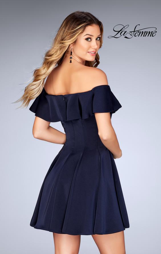Picture of: A-line Short Satin Dress with Off the Shoulder Detail in Navy, Style: 25070, Back Picture