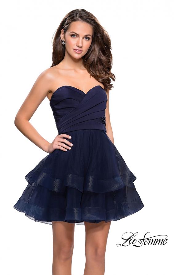 Picture of: Short Homecoming Dress with Tiered Tulle Skirt in Navy, Style: 26654, Detail Picture 3