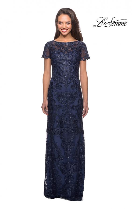 Picture of: Long Lace Dress with Rhinestones and Short Sleeves in Navy, Style: 26405, Main Picture