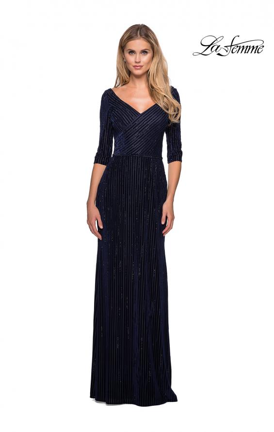 Picture of: Long Velvet Beaded Dress with Three Quarter Sleeves in Navy, Style: 26456, Main Picture
