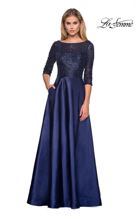 Picture of: Long Mikado Gown with Beaded Top and Pockets in Navy, Style: 27077, Main Picture